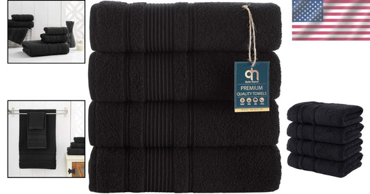 Durable Black Turkish Cotton Bath Towels Set - 4 Plush and Quick-Dry Towels