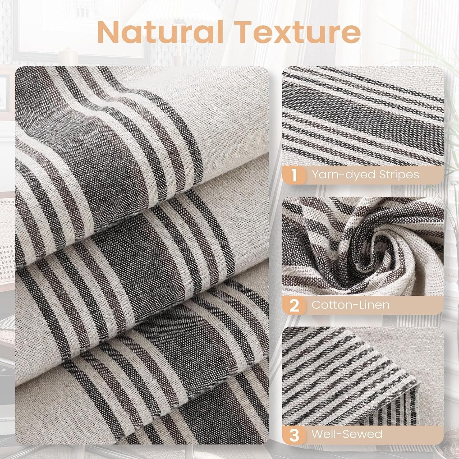 Semi Sheer Stripe Window Curtains for Living Room - Farmhouse Style 2 Panel Set