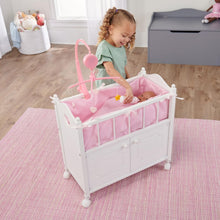 Load image into Gallery viewer, Heirloom Wooden Doll Bed with Storage &amp; Musical Mobile, Personalized Kit - 22in