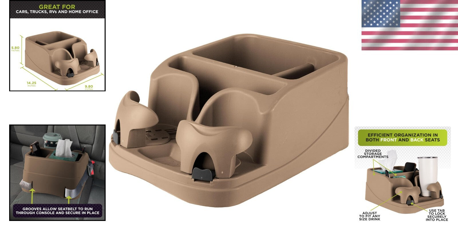 Beige Adjustable Vehicle Console Organizer with Dual Cupholders & Media Storage