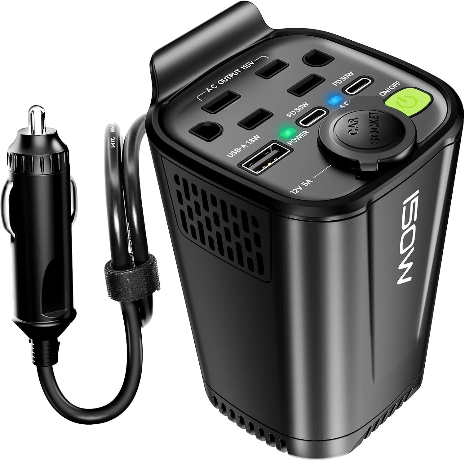 150W Car Power Inverter with Dual AC Outlets and USB Ports - Cup Holder Design