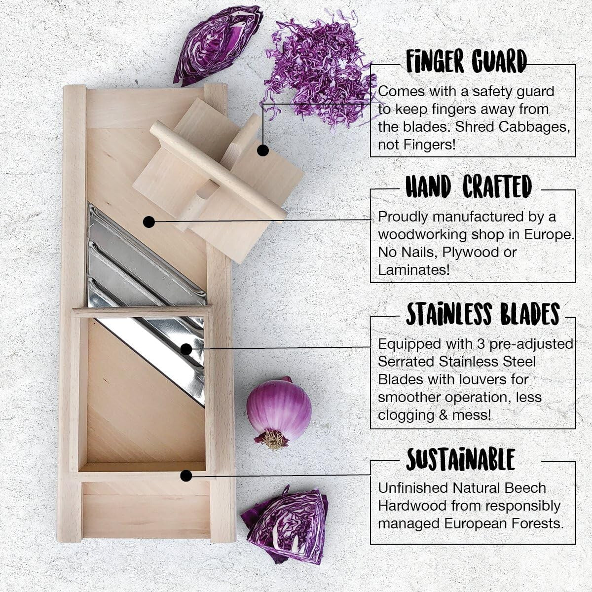 Natural Beech Wood Cabbage Shredder with Safety Guard - Perfect for Sauerkraut