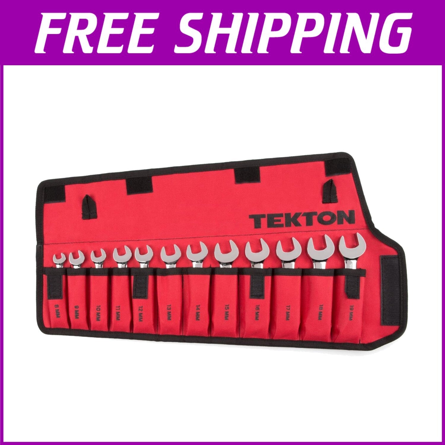 Efficient Stubby Wrench Set (8-19 mm) - 12-Piece with Roll-Up Storage Pouch