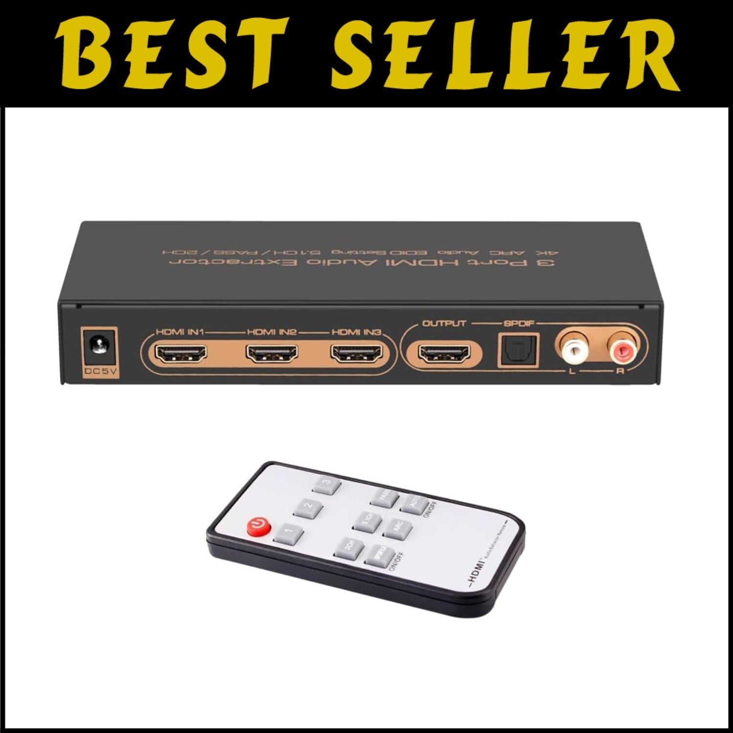 4K HDMI Switcher & Audio Extractor - 3 HDMI Inputs to 1 Output with Remote