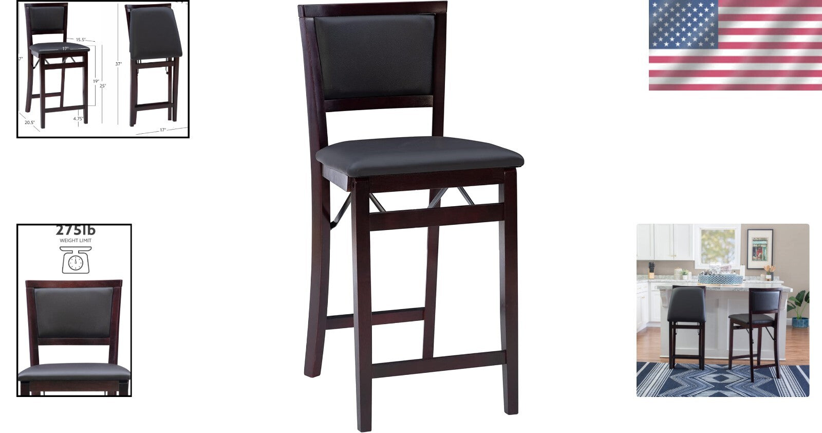 Elegant 24-Inch Folding Counter Stool with Faux Leather Pad - Espresso Finish