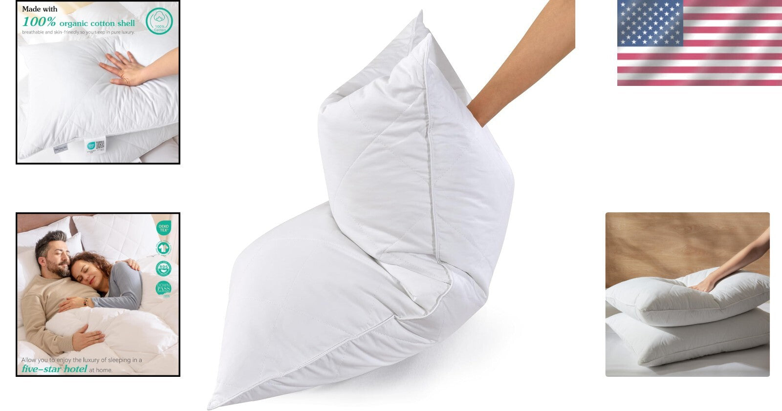 Elegant Goose Feather Bed Pillows, Medium Firm, 600 Thread Count Cotton Set