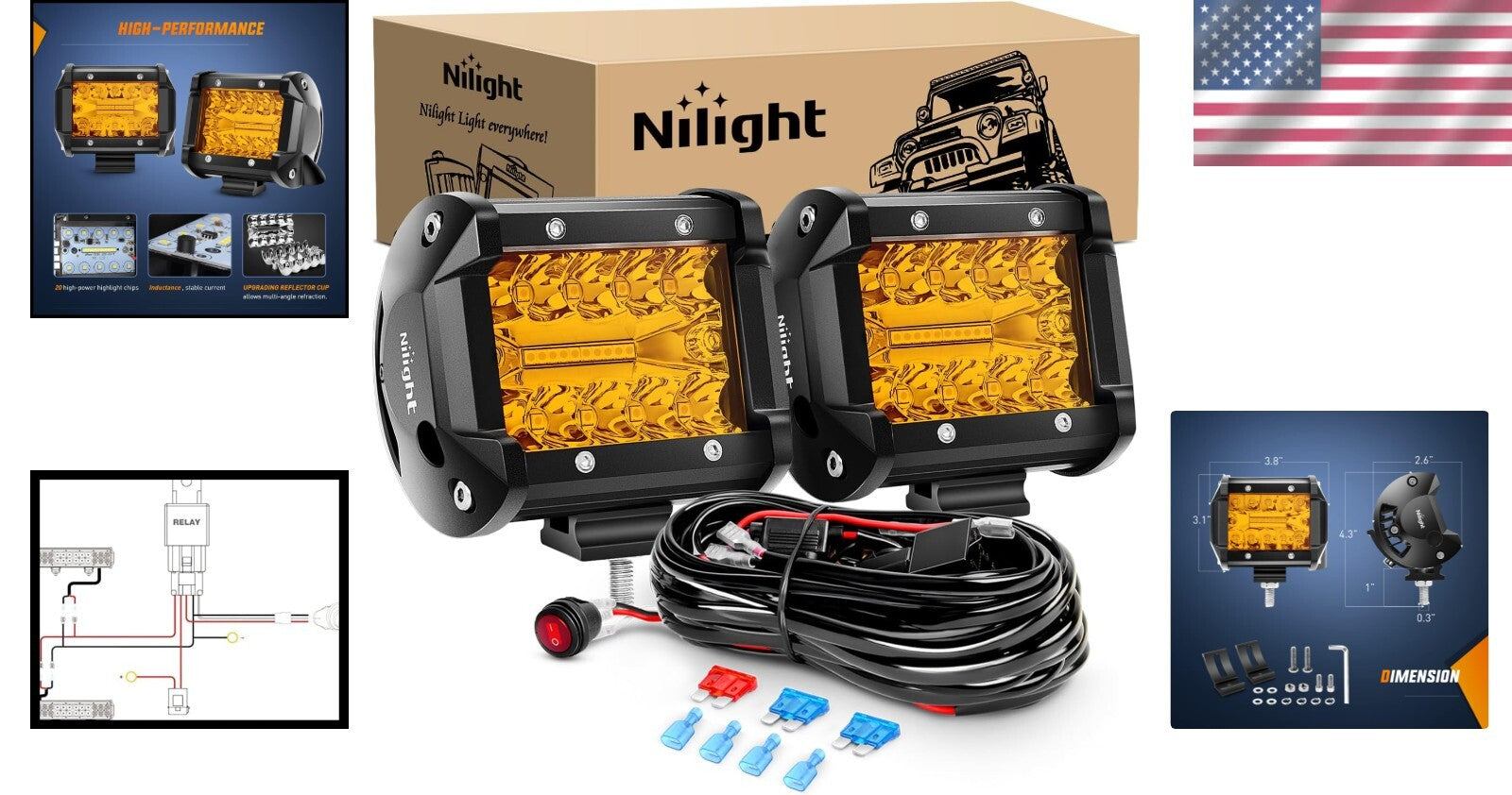 Rugged 4-Inch Amber LED Flood Spot Pods - Dual Beam Light with Harness