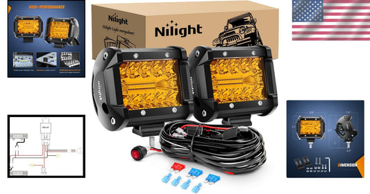 Rugged 4-Inch Amber LED Flood Spot Pods - Dual Beam Light with Harness