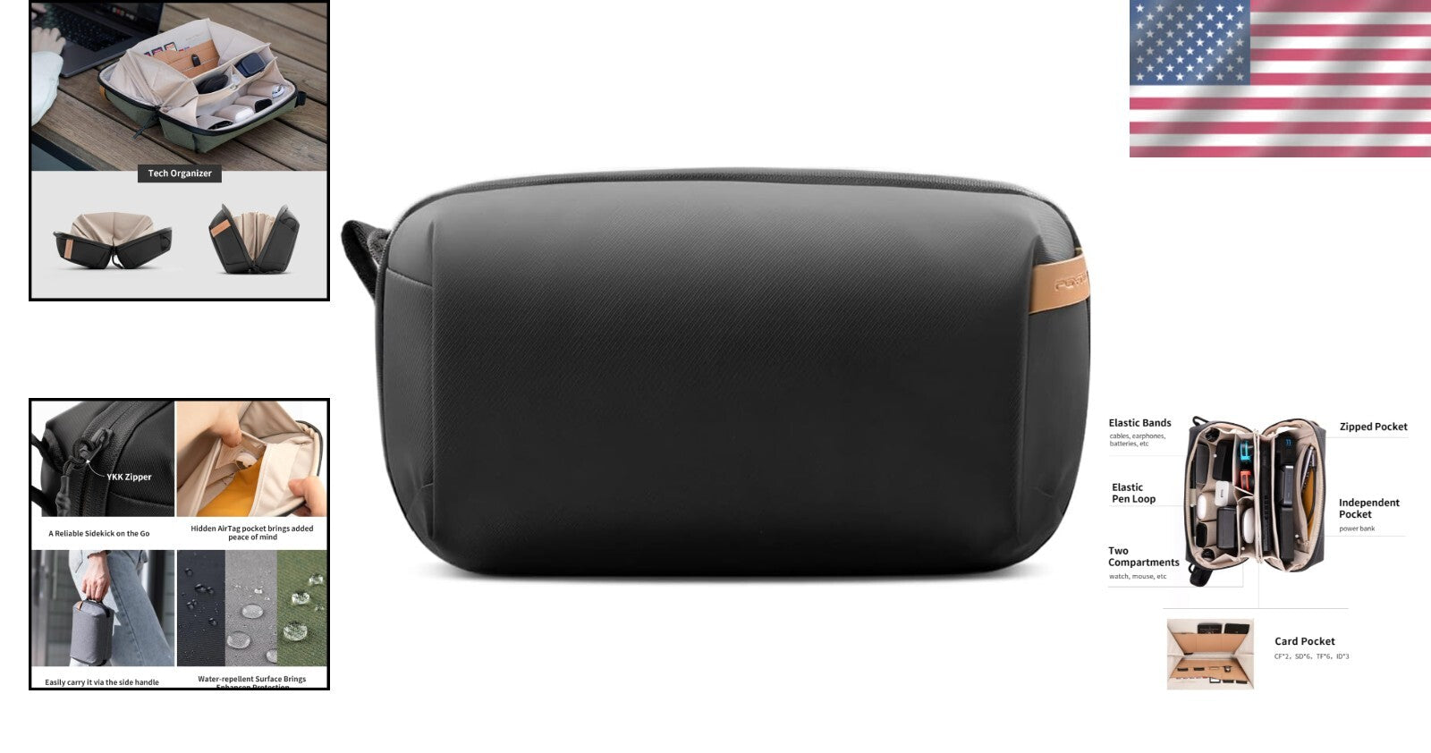 Waterproof Travel Tech Organizer Pouch for Electronics & Accessories - Black