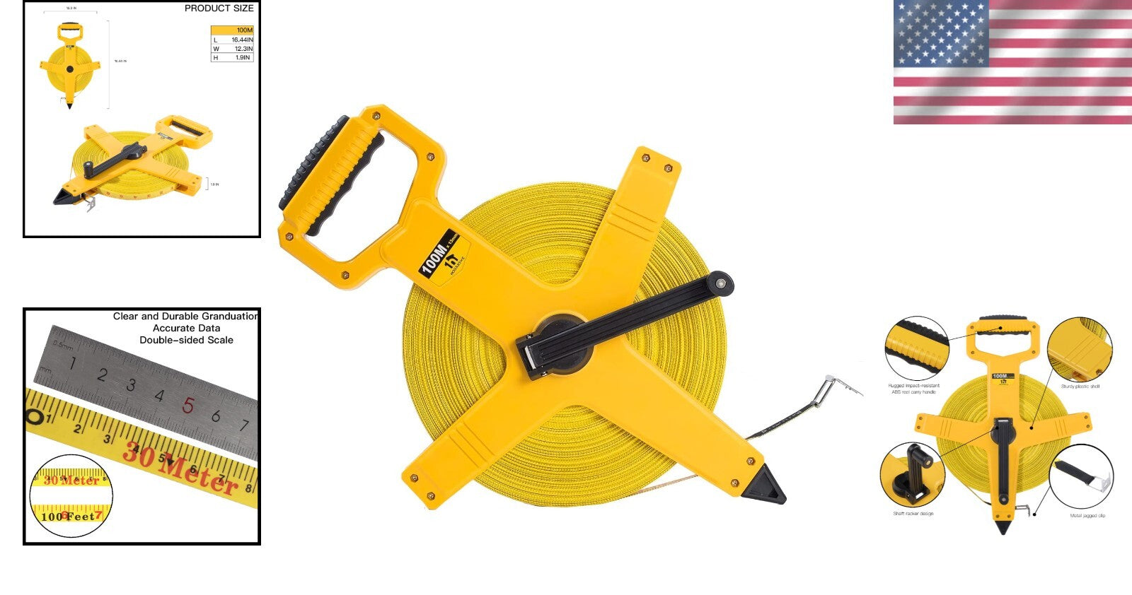 330-Foot Fiberglass Tape Measure - Dual Scale, Impact-Resistant Bright Yellow