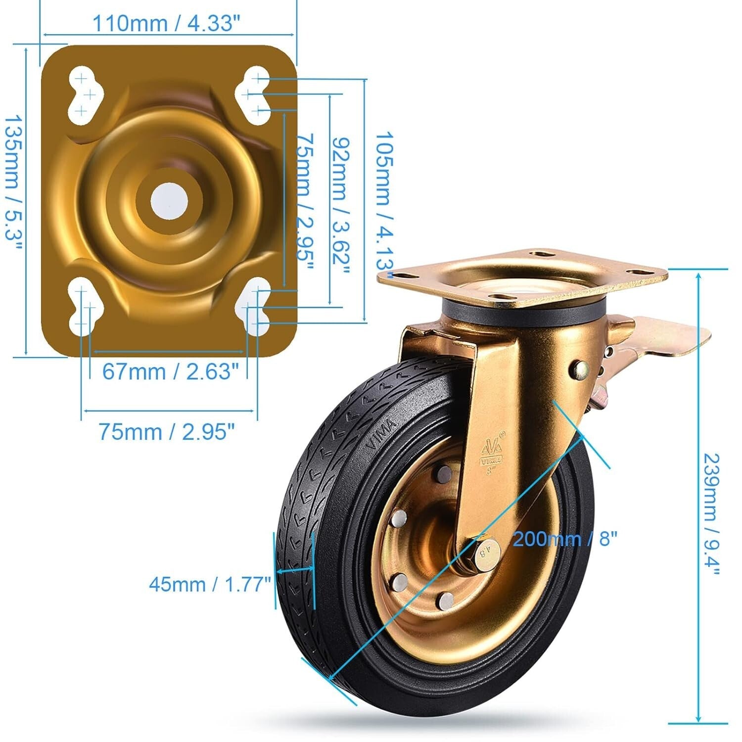 Versatile 8" Heavy Duty Casters for Indoor/Outdoor Use - 3000lbs Full Load Kit