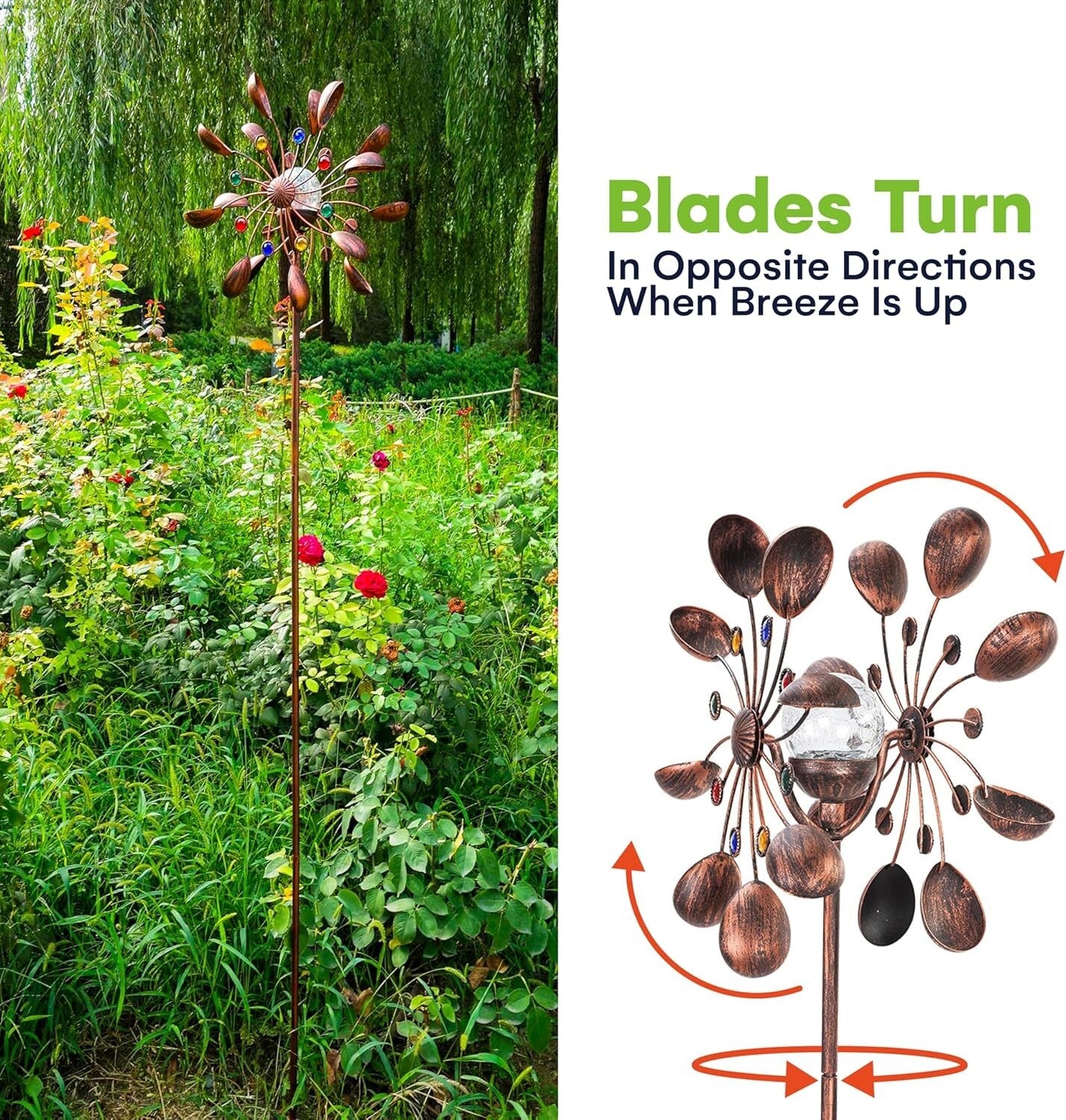 Bronze Solar Wind Spinner - 75-Inch Kinetic Sculpture with Color-Changing LED