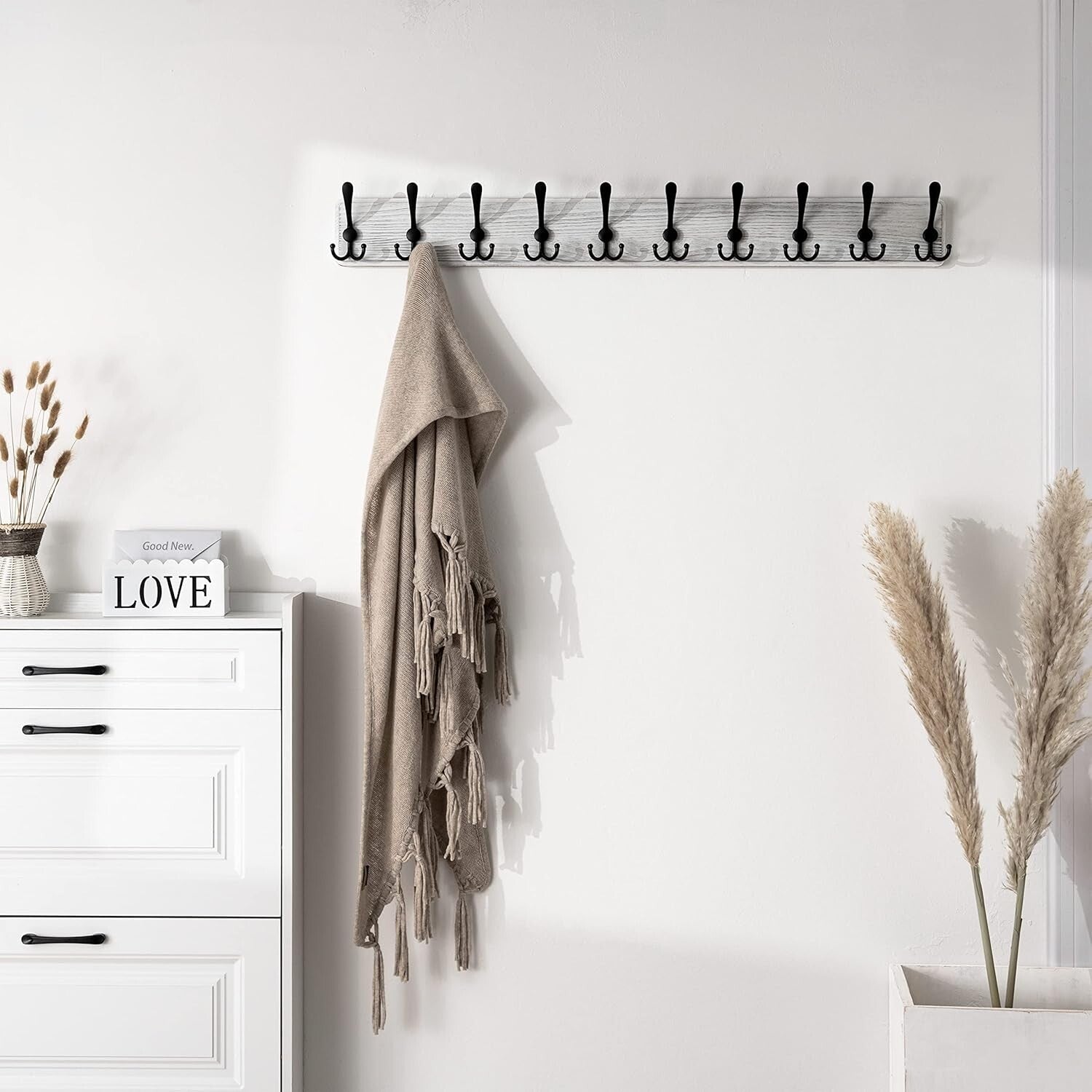 38.3'' Rustic Wall Mounted Coat Rack with 10 Heavy-Duty Hooks in Weathered White