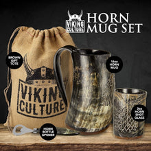 Load image into Gallery viewer, Authentic 16oz Ox Horn Mug Set: Vintage Viking Tankard with Shot Glass &amp; Opener