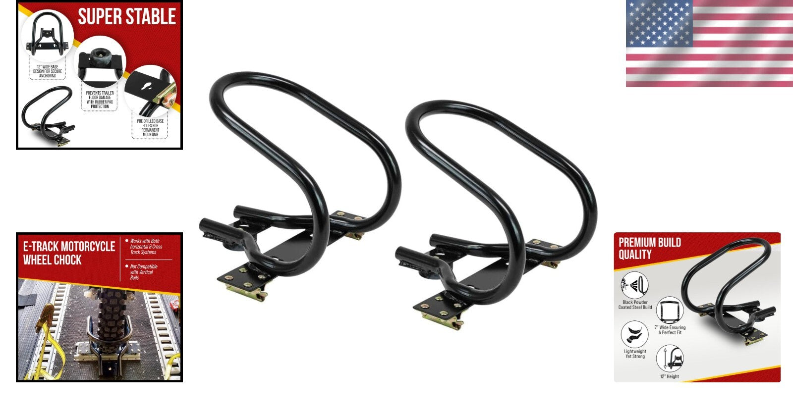 Black Powder Coated 7" Wheel Chock for E-Track - 2 Pack Motorcycle Protection