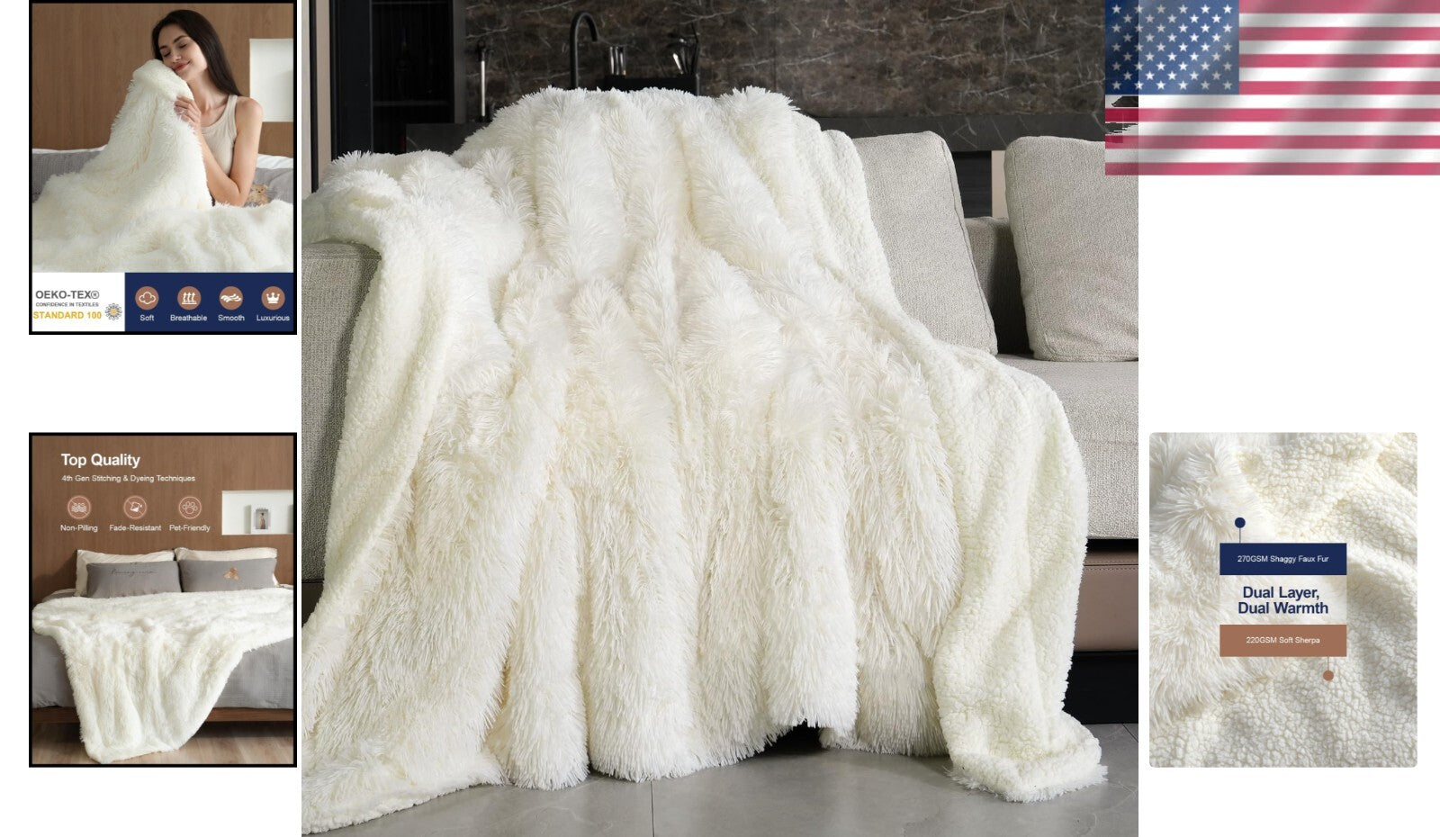 Luxurious Cream Faux Fur Throw - Reversible 60x80 Blanket for Year-Round Comfort
