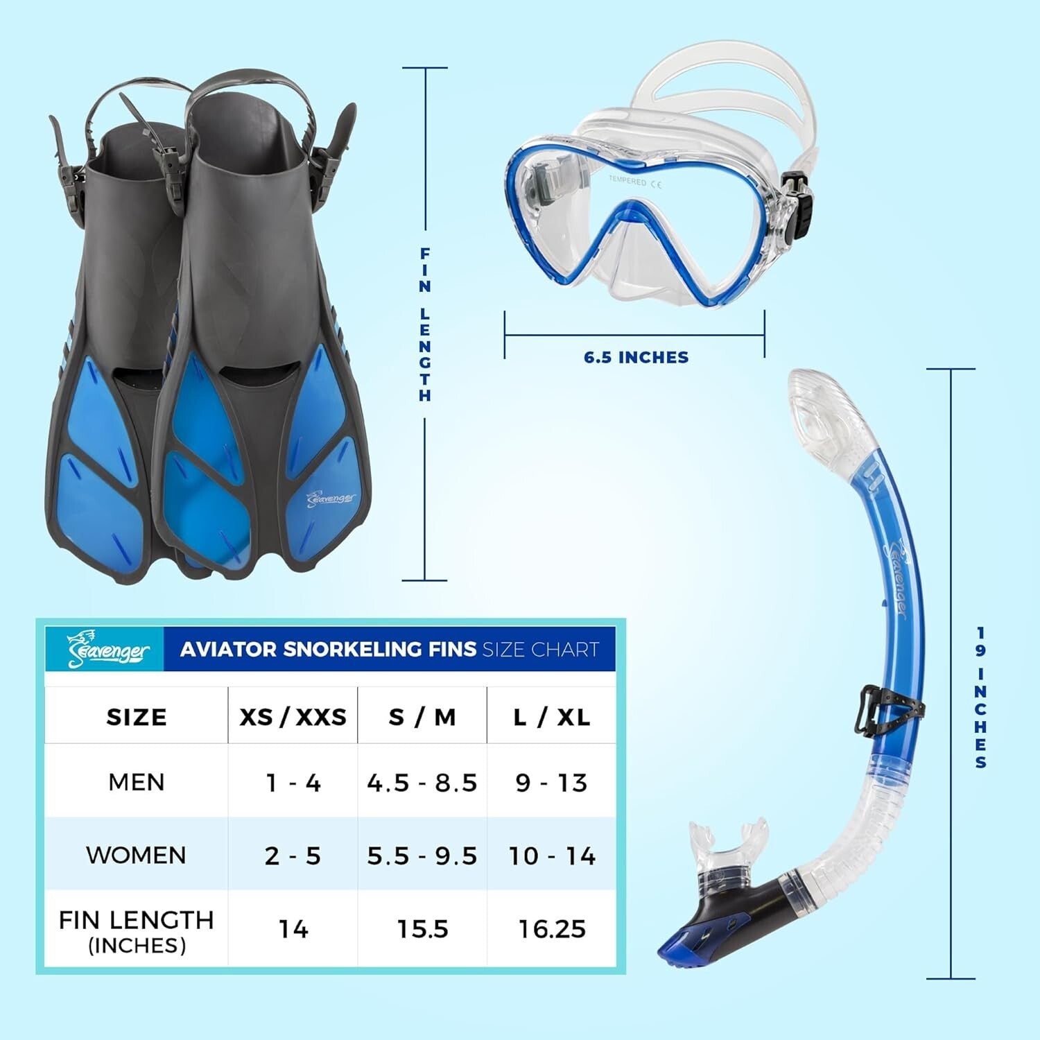 Clear Blue Snorkeling Equipment Set with Easy Dry Snorkel and Split Strap Mask