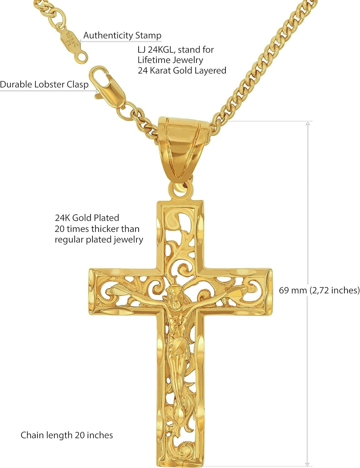 Elegant 24K Gold Plated Filigree Cross Necklace for Men & Women - Made in USA