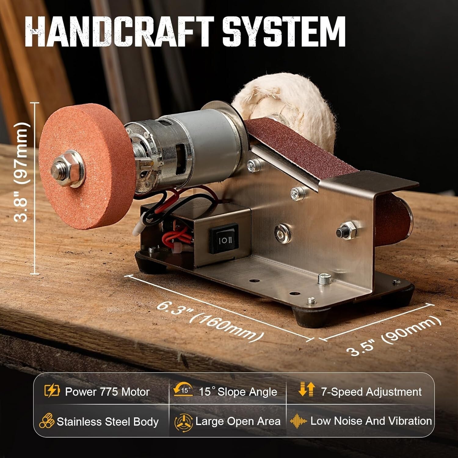 3-in-1 Mini Belt Sander & Knife Sharpener with 7 Speed Settings for Crafting
