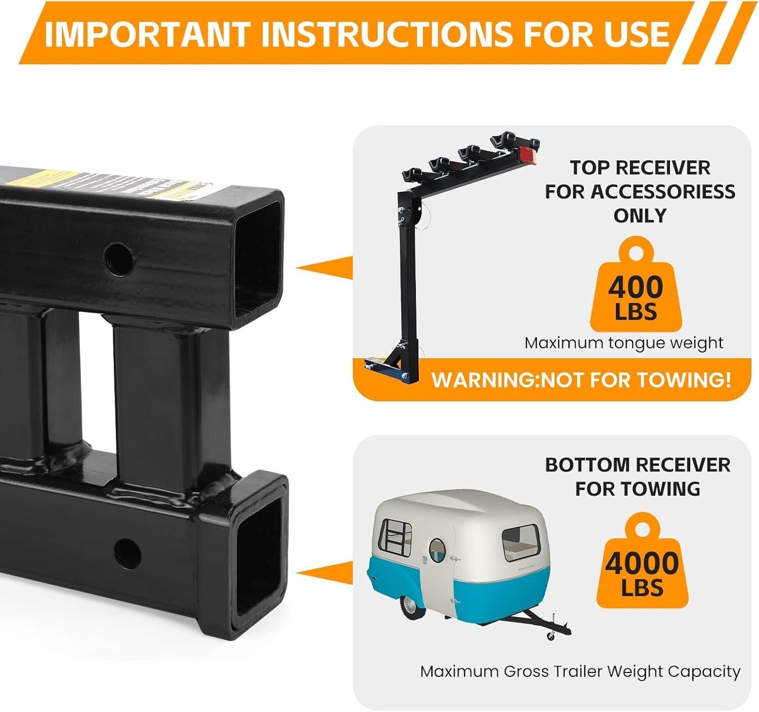4000lbs Dual Hitch Extension - 2 Inch Receiver Adapter with Adjustable Rise/Drop