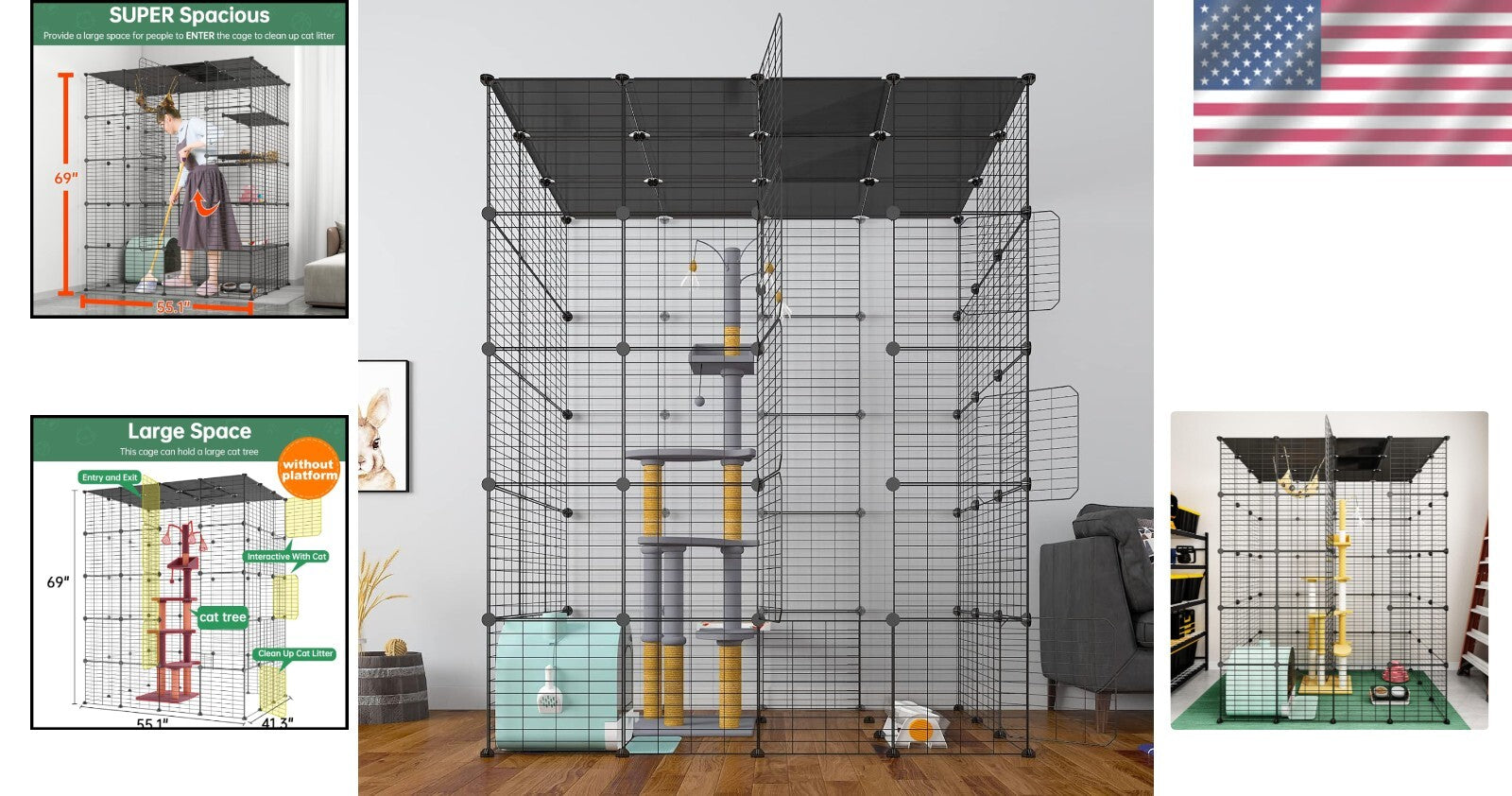 Modern Black Metal Cat Cage with Scratching Posts - Ideal for Indoor Leisure