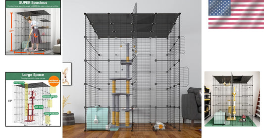 Modern Black Metal Cat Cage with Scratching Posts - Ideal for Indoor Leisure