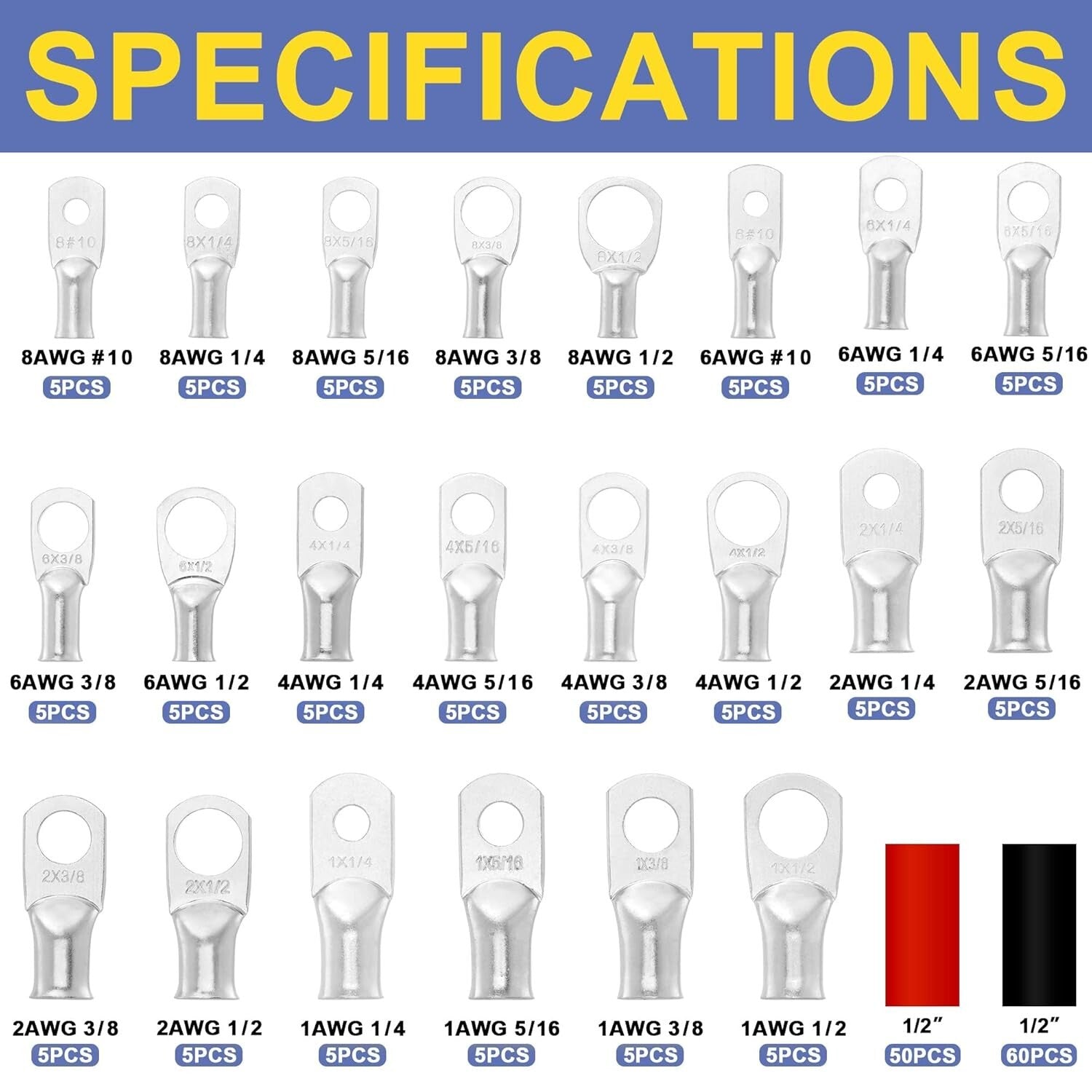 Complete 220PCS Tinned Copper Terminal Kit with Heavy-Duty Connectors & Tubing