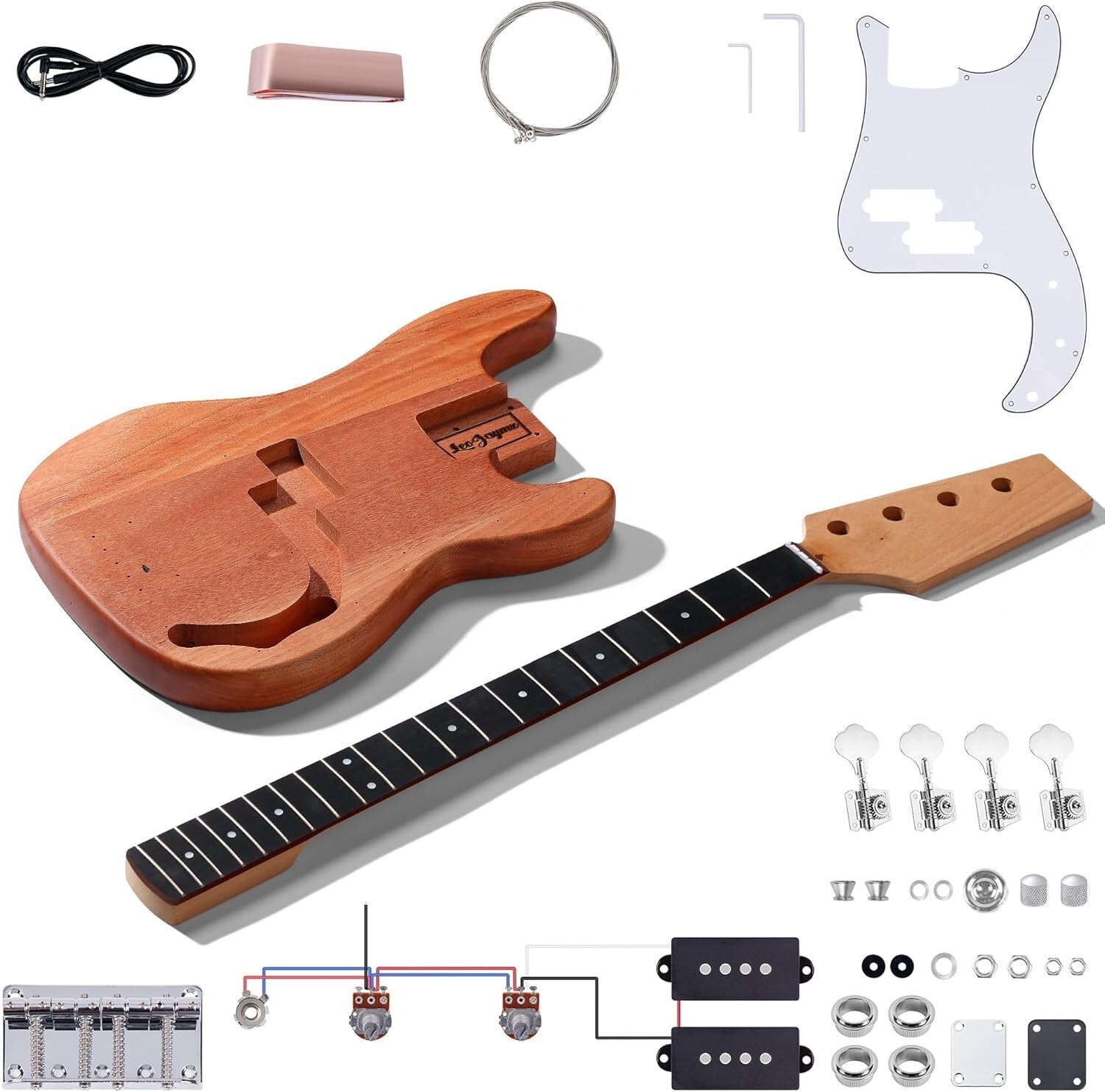 4-String DIY Electric Bass Guitar Kit with Polished Mahogany & Chrome Hardware