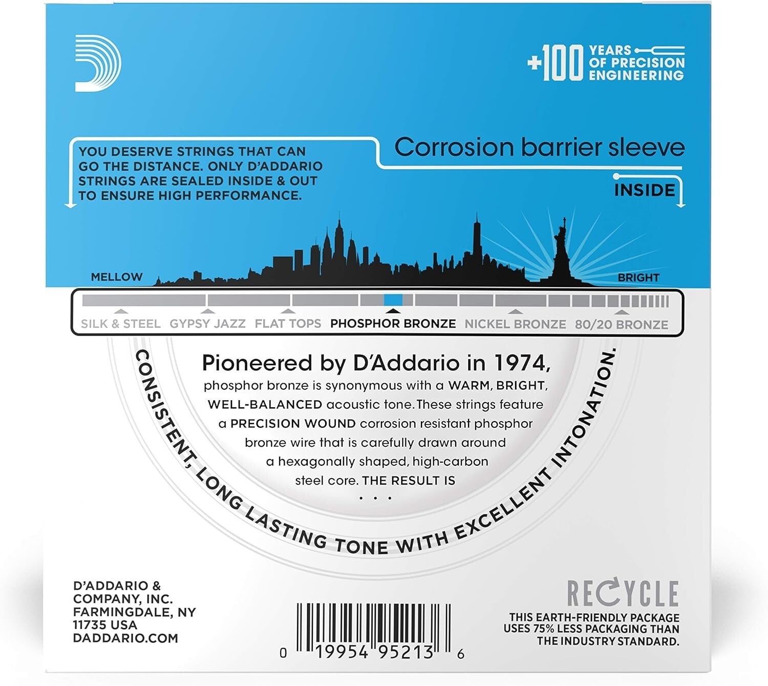 D'Addario Phosphor Bronze Acoustic Guitar Strings - Rich Tone - 12-53 Light Pack