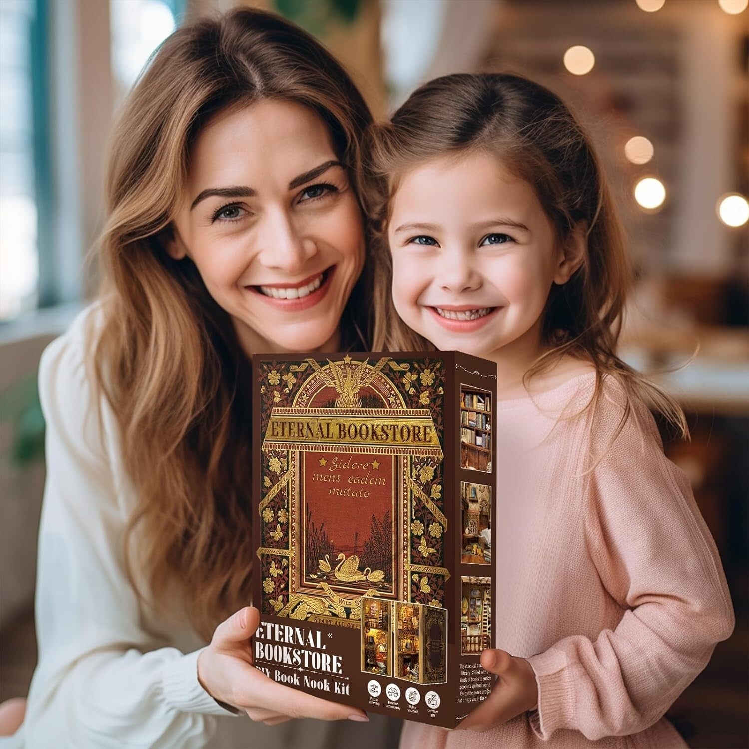 DIY Book Nook Kit with LED Lights - Wooden 3D Puzzle Bookends for Home Decor