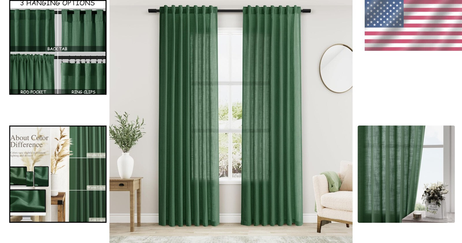 Charming 84" Back Tab Green Linen Curtains - 2 Panels for Modern Farmhouse Decor