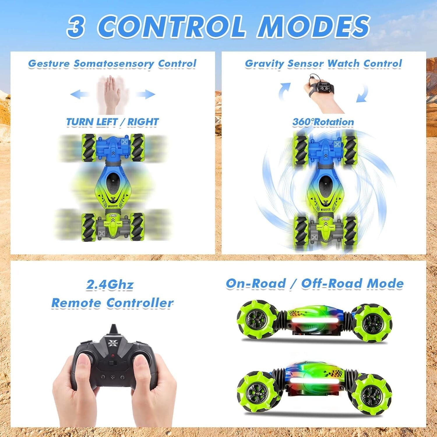 2.4GHz Gesture Sensing RC Stunt Car - 360° Rotation & Lights for Boys/Girls
