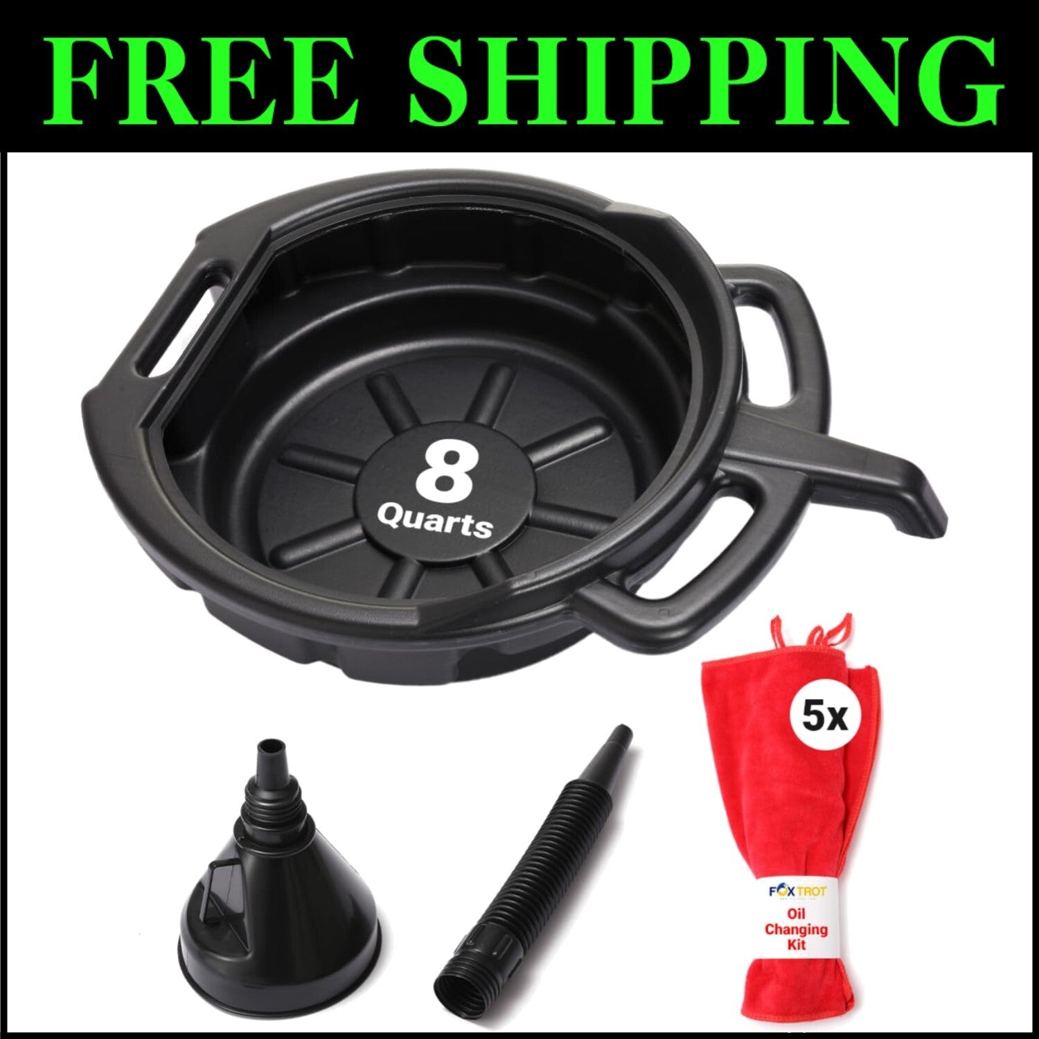 Durable Oil Change Kit with 8 Quart Pan, Funnel & Shop Towels for DIY Mechanics