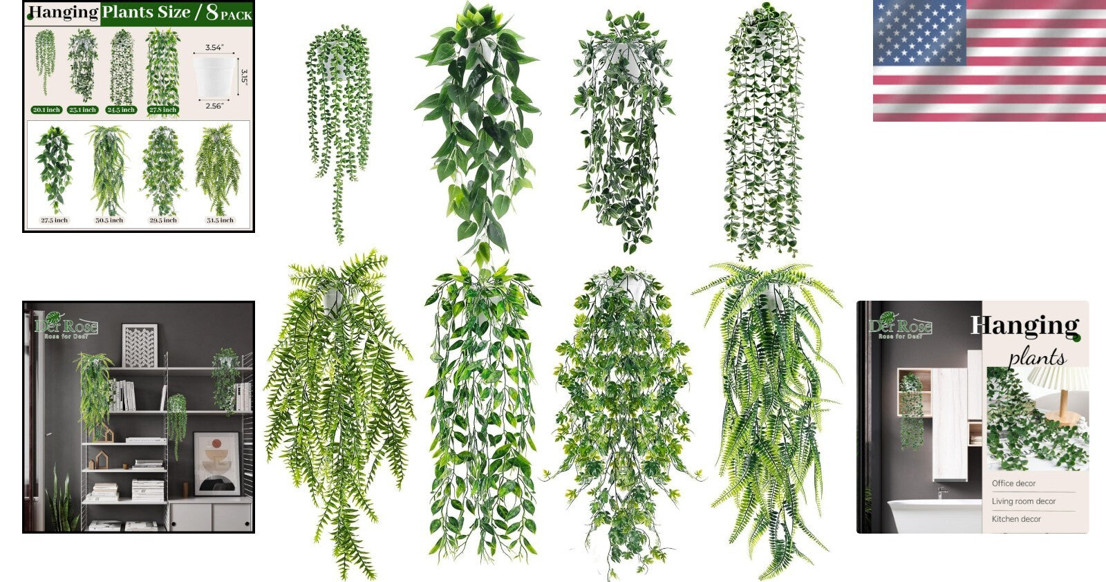 8-Piece Artificial Ivy and Eucalyptus Hanging Plants in Elegant White Pots