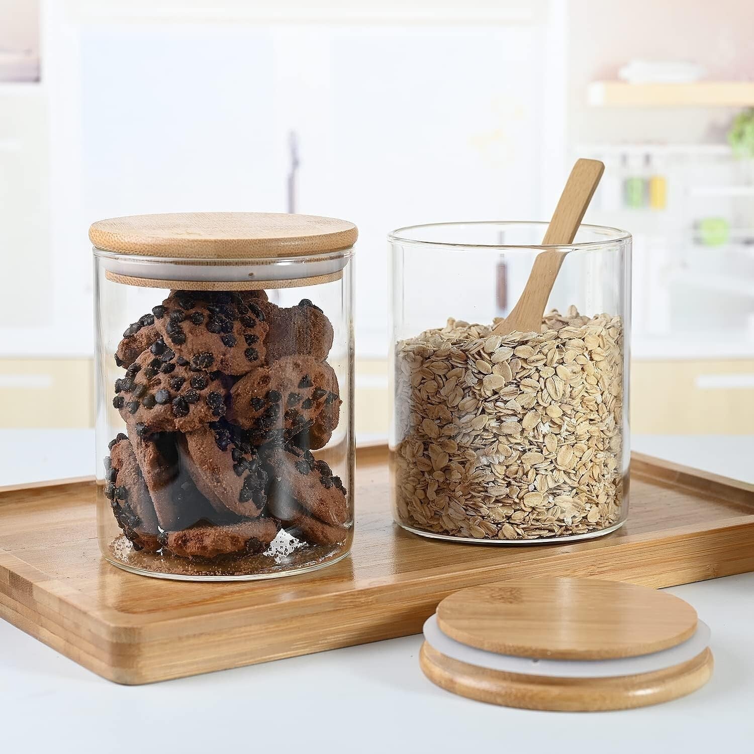 Airtight 27oz Glass Food Jars - 6 Bamboo-Lid Containers with Spoons Included