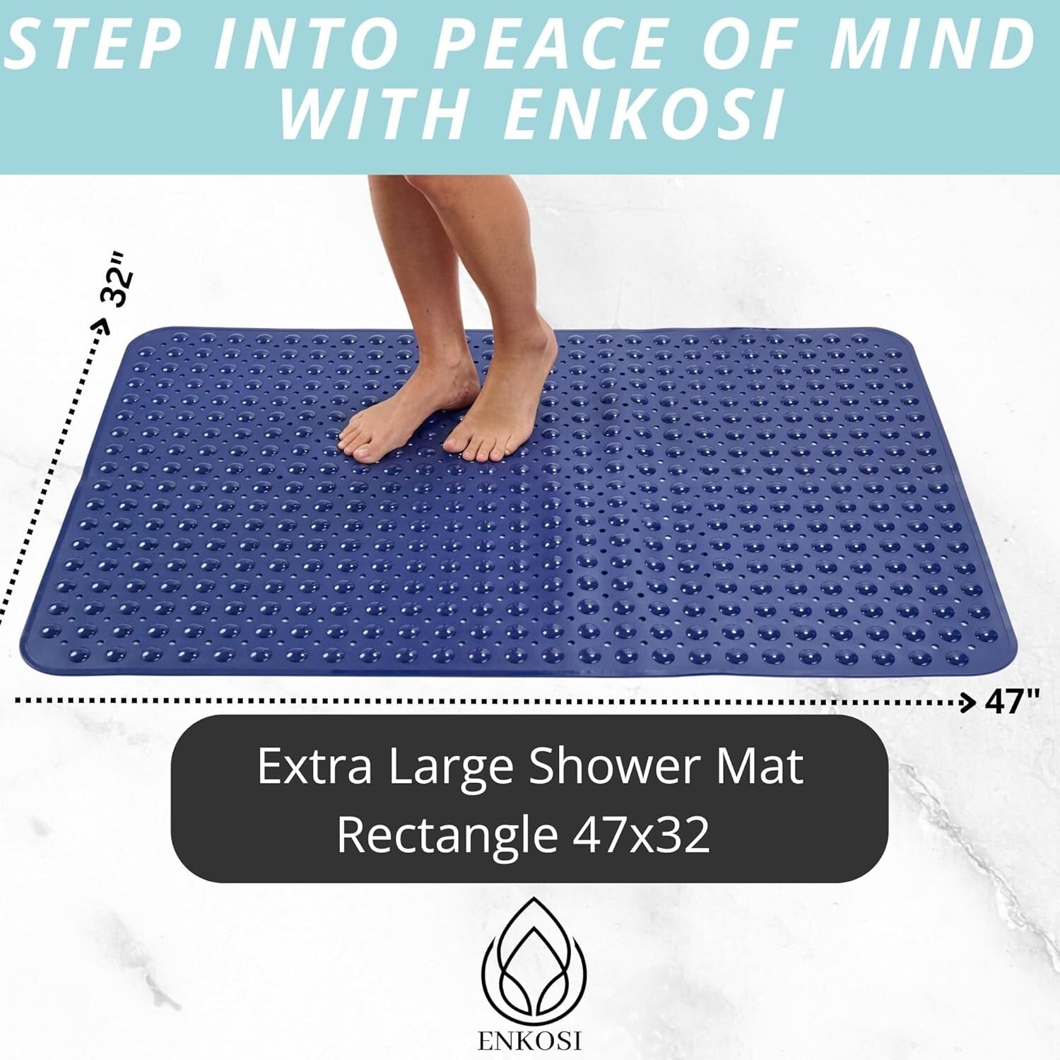 XL Bathroom Shower Mat 47x32 - Durable Anti-Slip with Drain Holes & Suction Cups