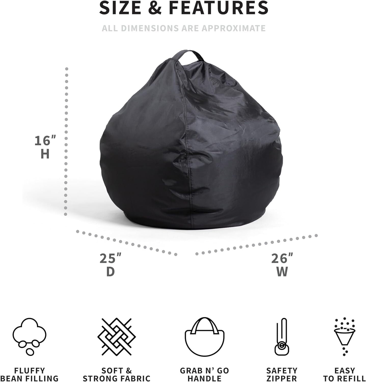 Soft and Stylish Black Bean Bag Chair for Children - Perfect for Playrooms