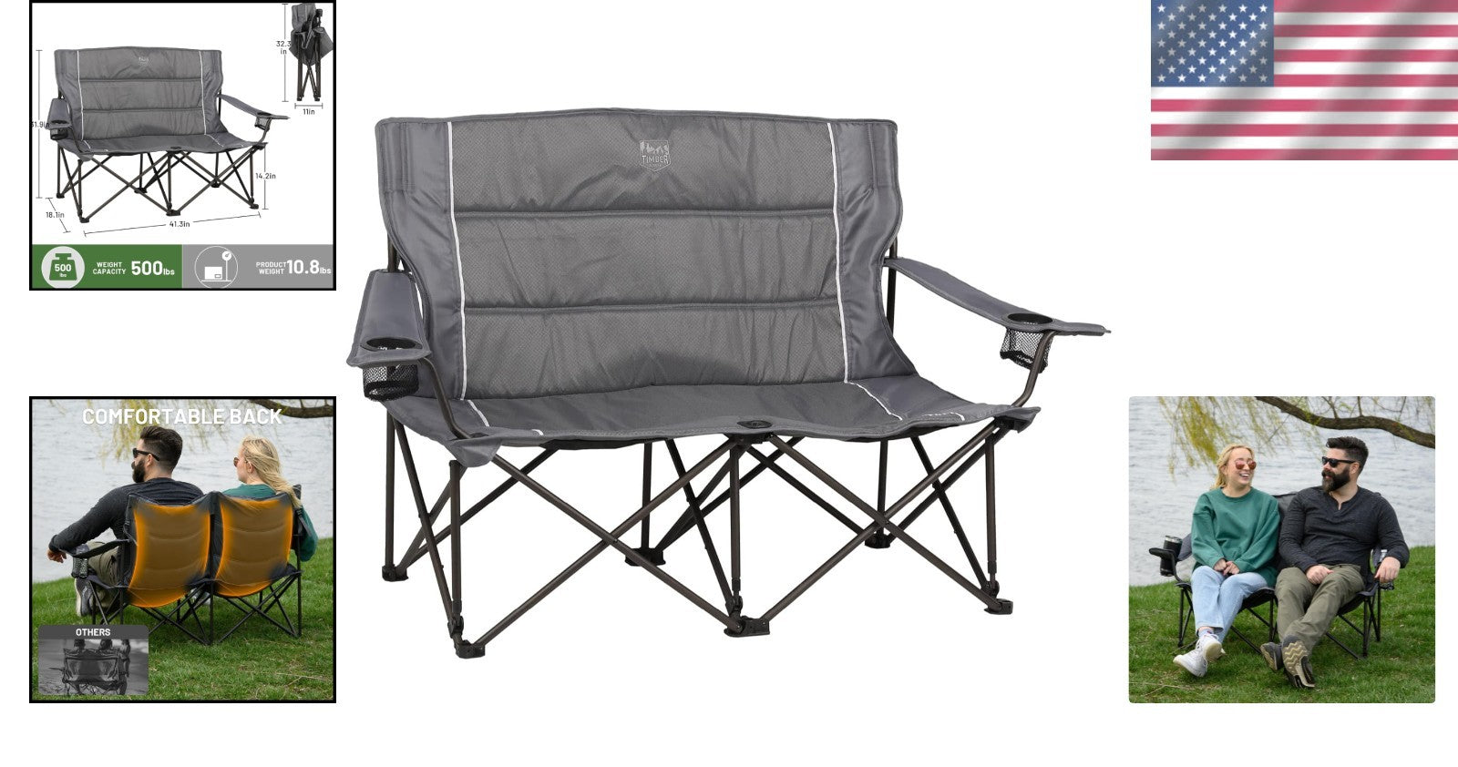 Grey Folding Camping Chair Loveseat for 2 - Perfect for Intimate Outdoor Moments