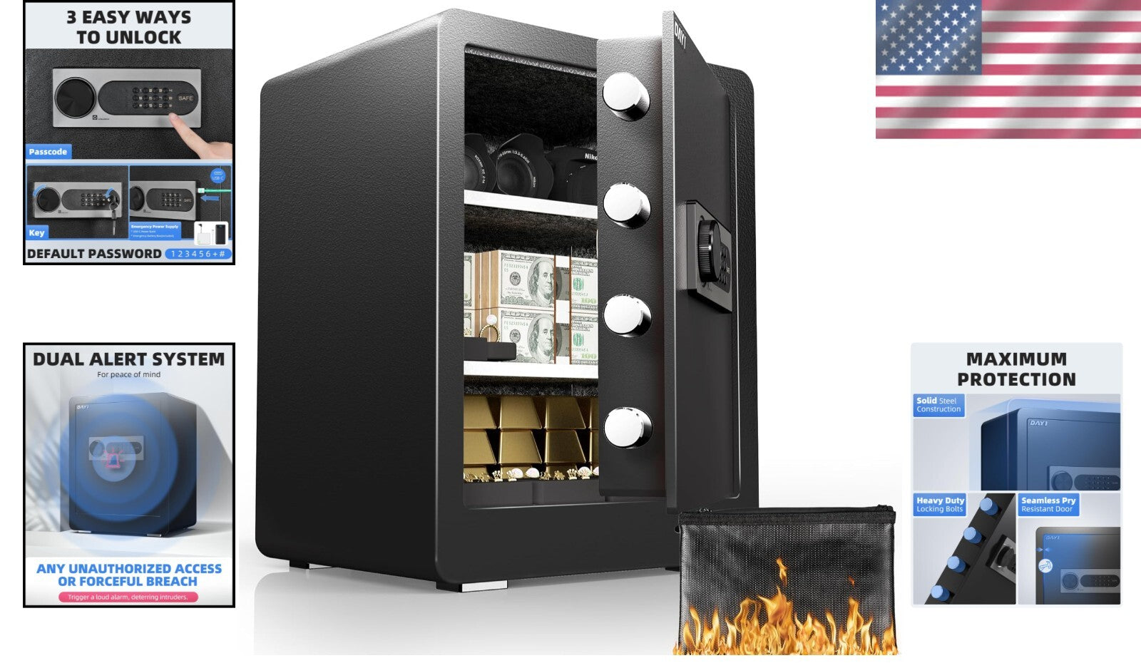 Alloy Steel Safe Box - 2.0 Cu Ft with Fireproof Bag & Dual Alarm Security