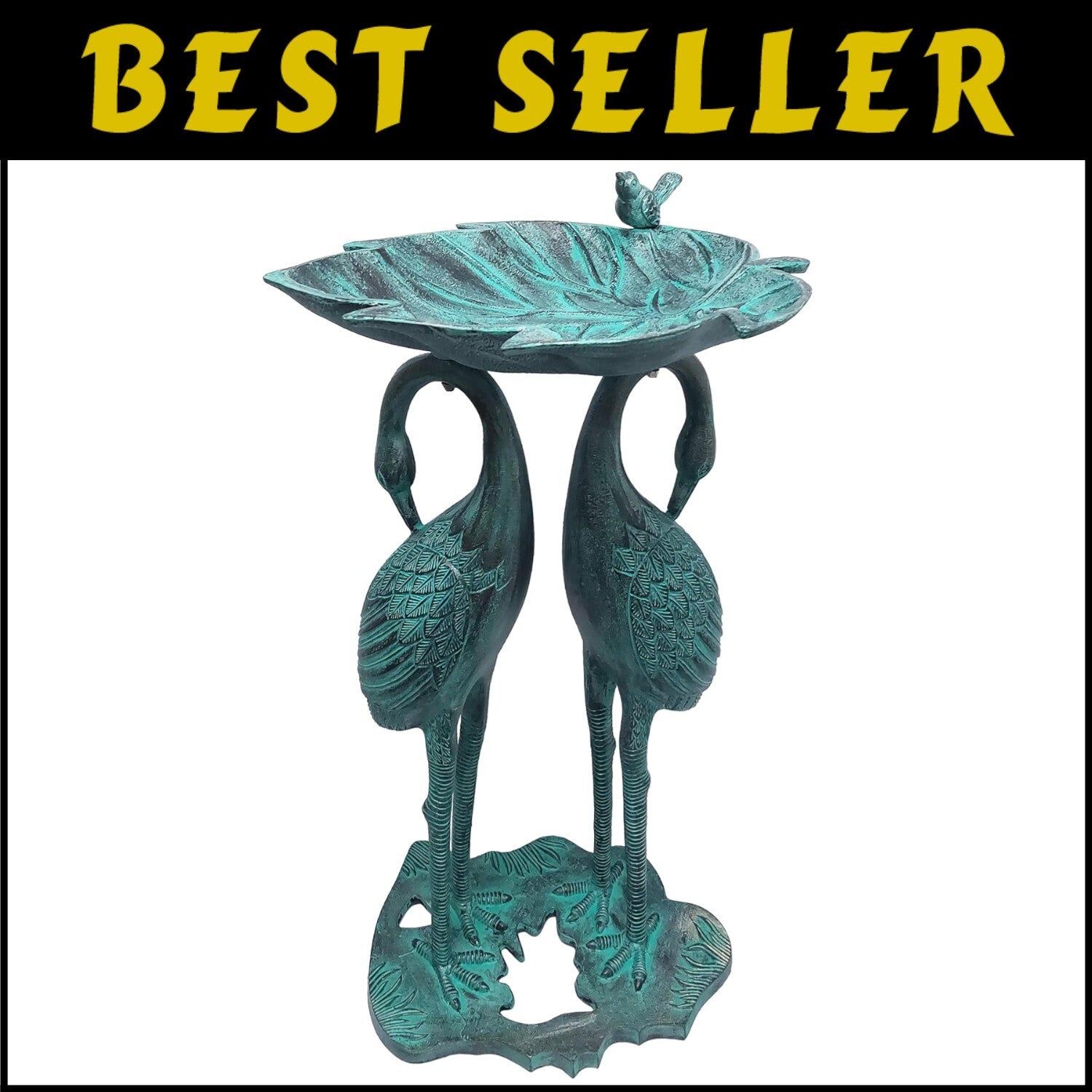 Sturdy 30-in Cast Aluminum Crane Bird Bath with Leaf Bowl - Traditional Elegance