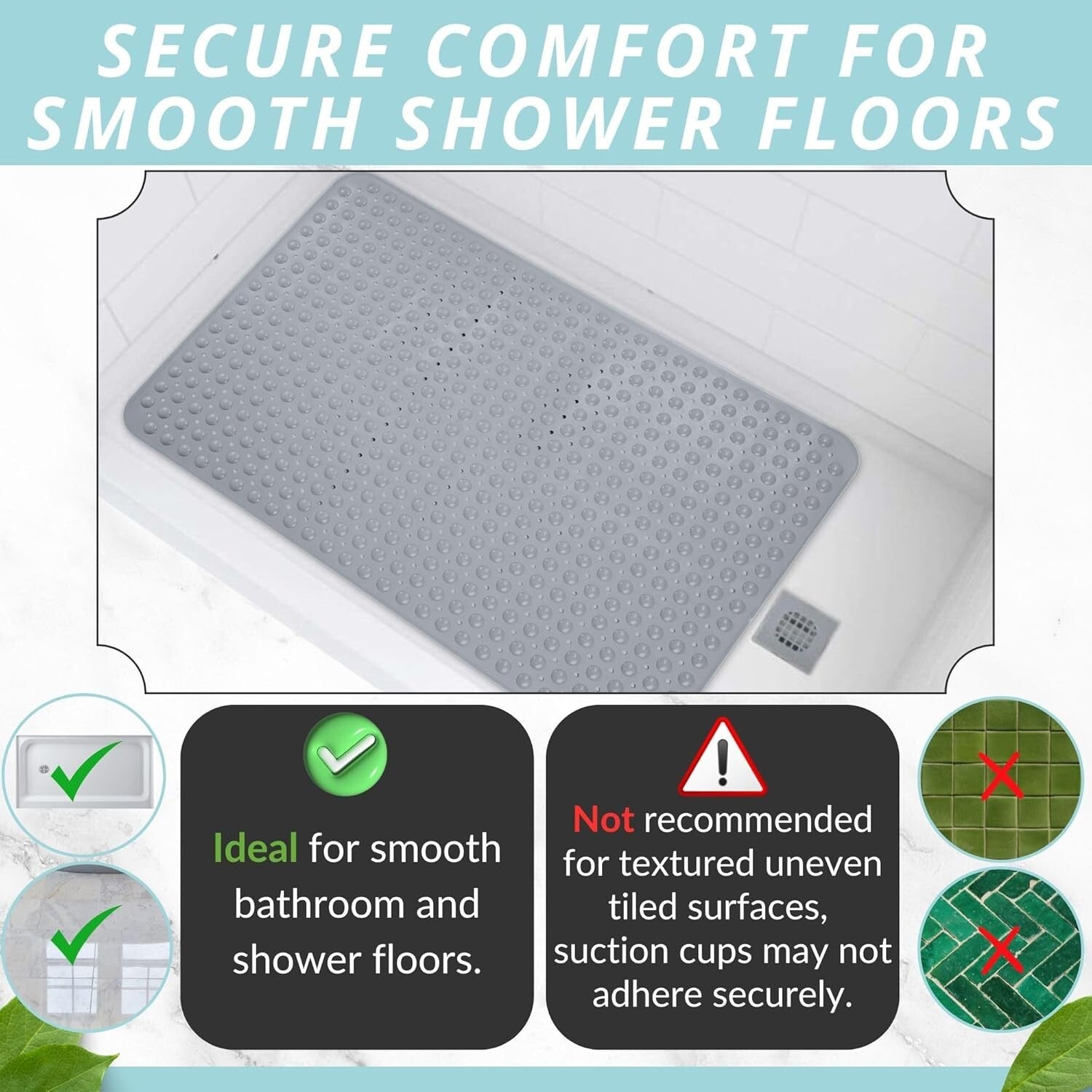 47" x 32" Heavyweight Non-Slip Shower Mat with Suction Cups & Easy Drainage