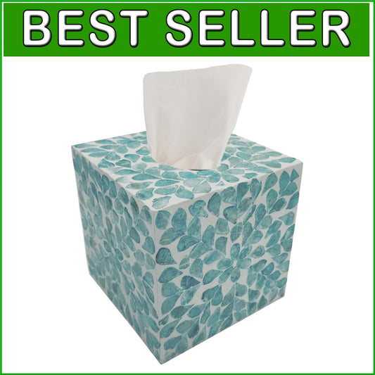 5.9-Inch Mother of Pearl Cube Tissue Box Cover - Rustic Teal Floral Decor
