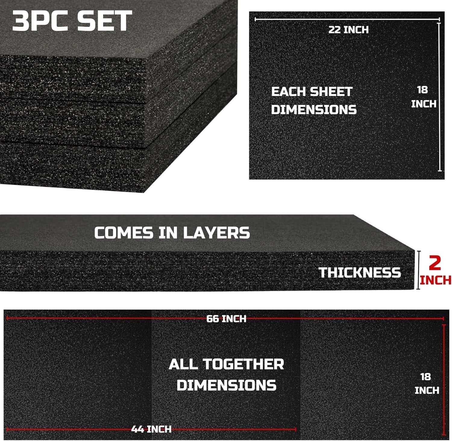 Protective Black Polyethylene Tool Box Foam - 3 Pack, Easy to Cut & Install