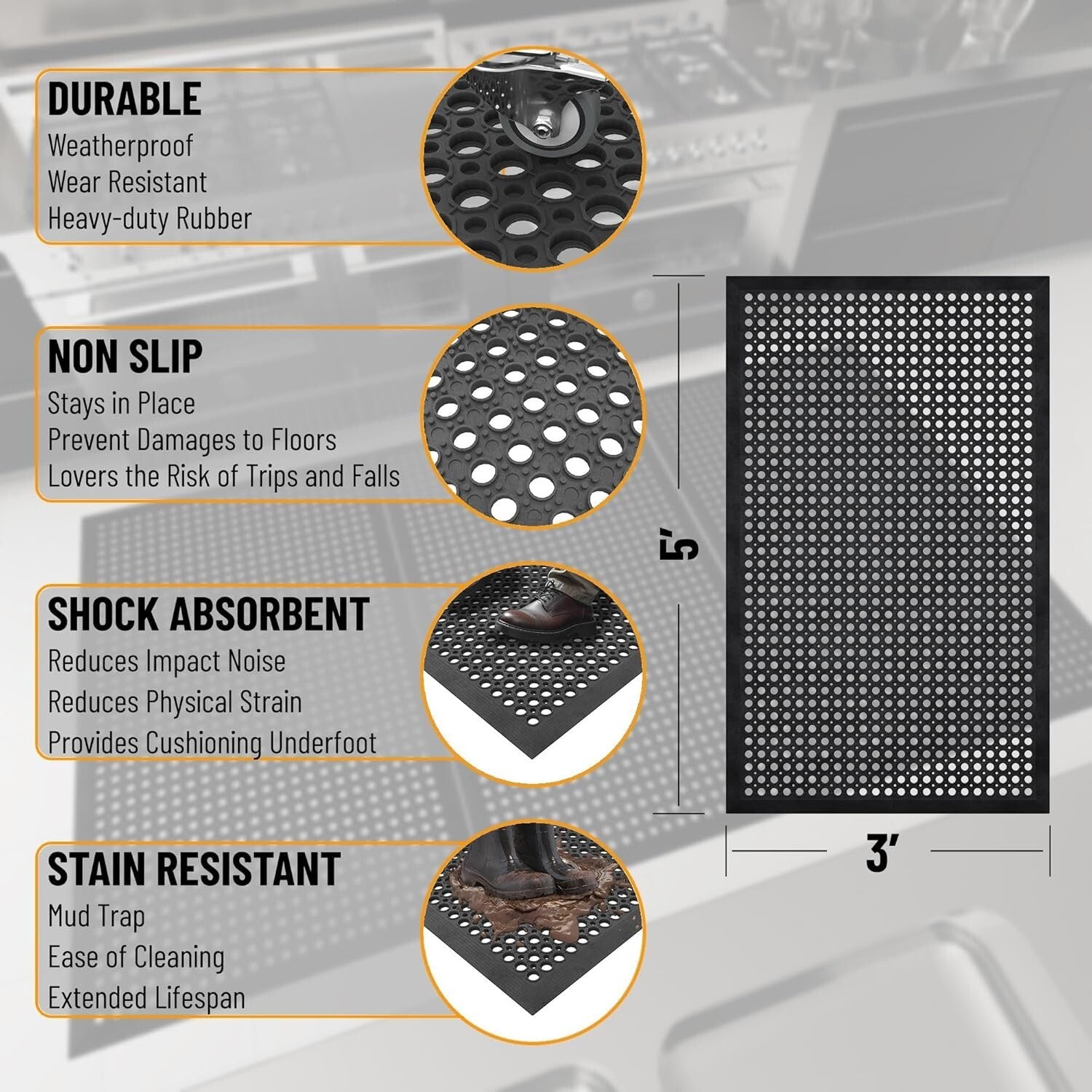 Durable Indoor/Outdoor Rubber Doormat 3'x5' - Low Profile & Fade Resistant