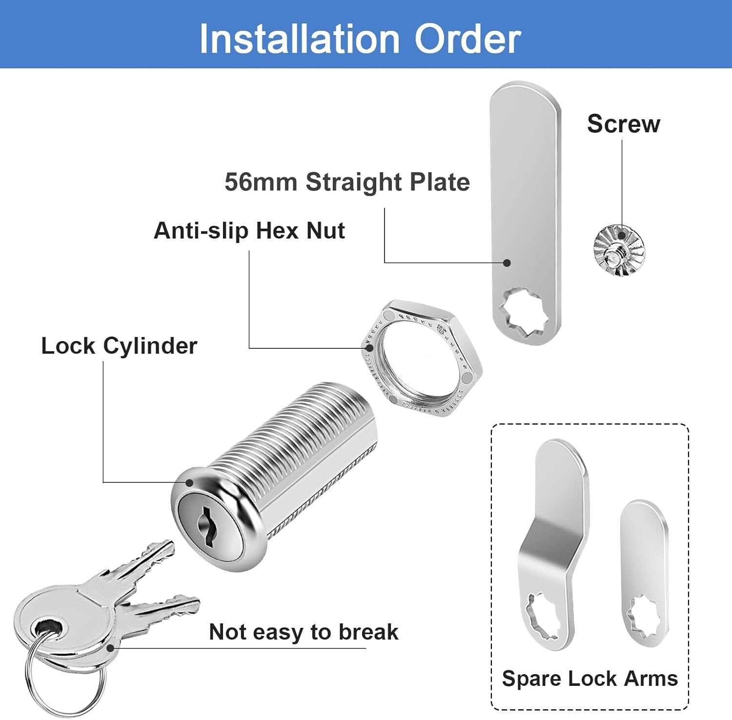 1-1/8" Keyed Alike Cam Locks - Durable Zinc Alloy with Chrome Finish, 20 Pack