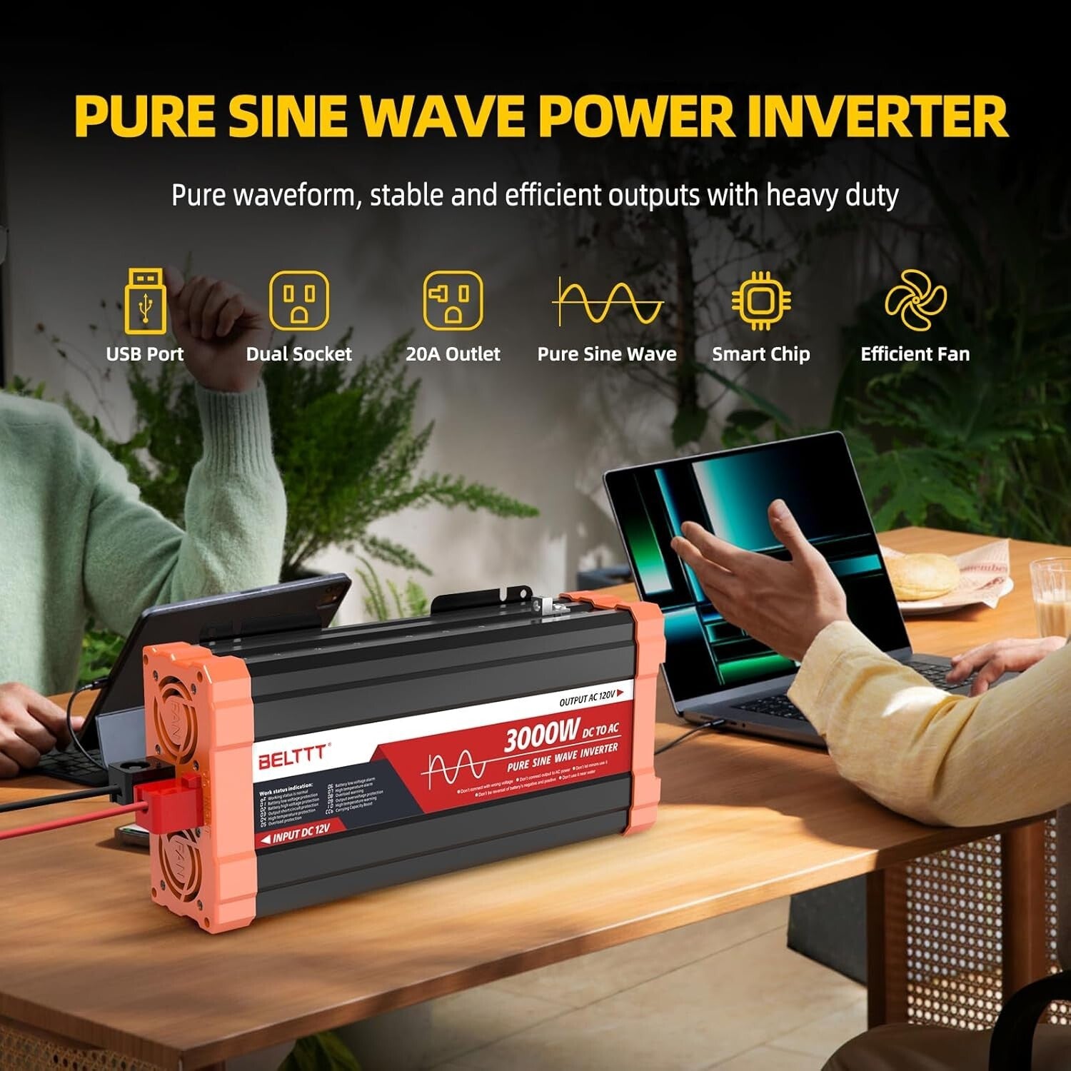 Reliable 3000W Solar Inverter - 12V to 120V with USB Ports & Hardwire Options