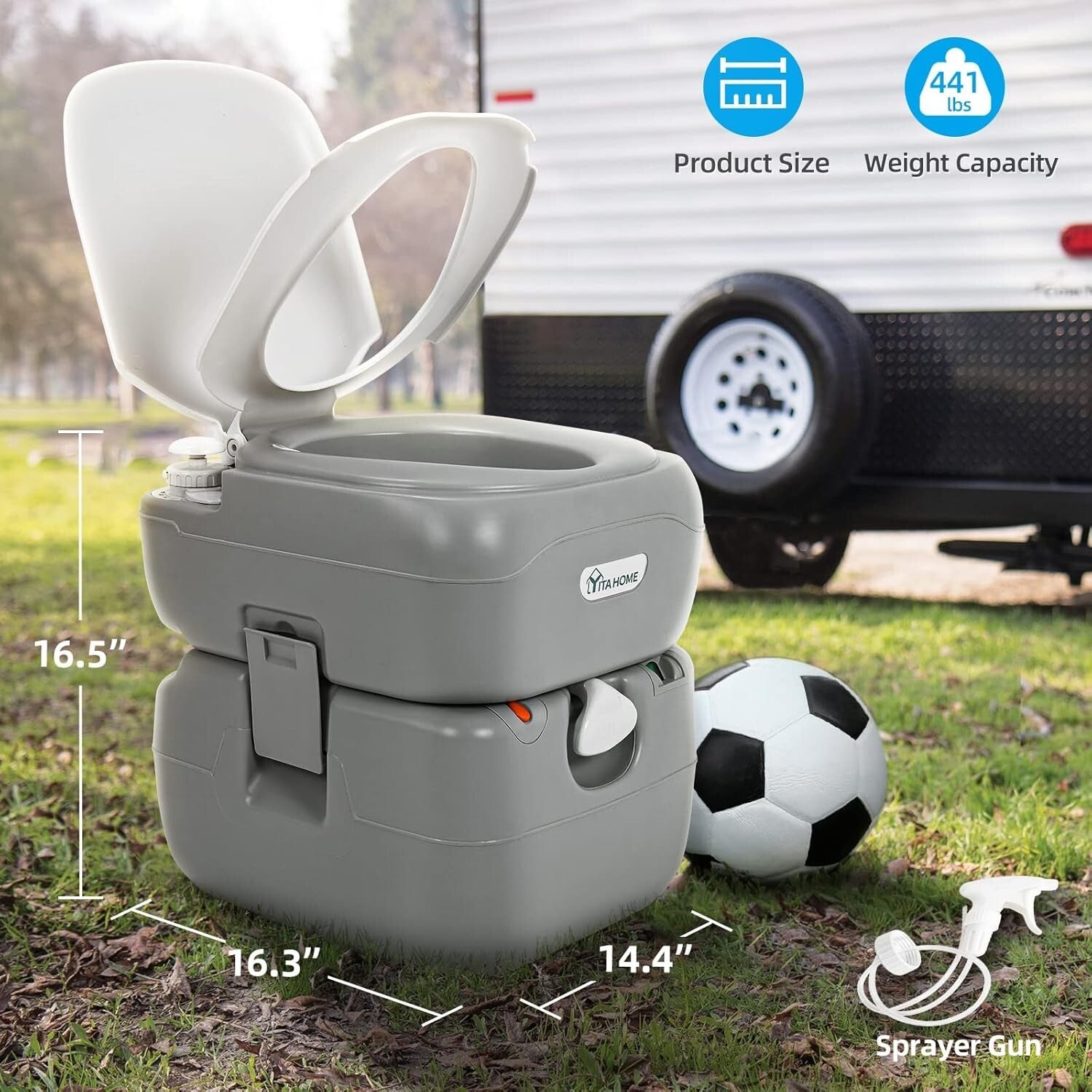 Convenient Portable Camping Porta Potty - 441 lbs Capacity with Cleaning Sprayer