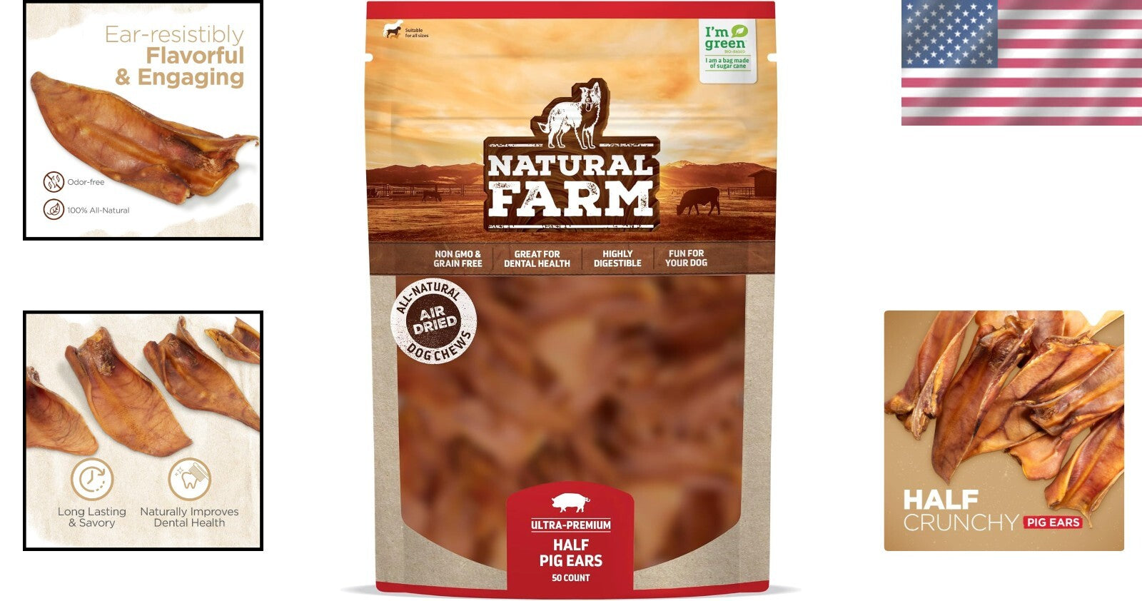 Long-Lasting Natural Pig Ears for Dogs - 50-Pack for Chewing & Dental Care