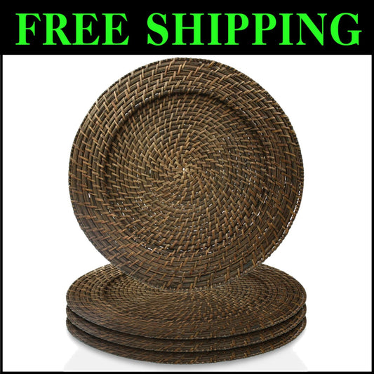 Durable Brick Brown Rattan Charger Plates – Set of 4 for Upscale Dining