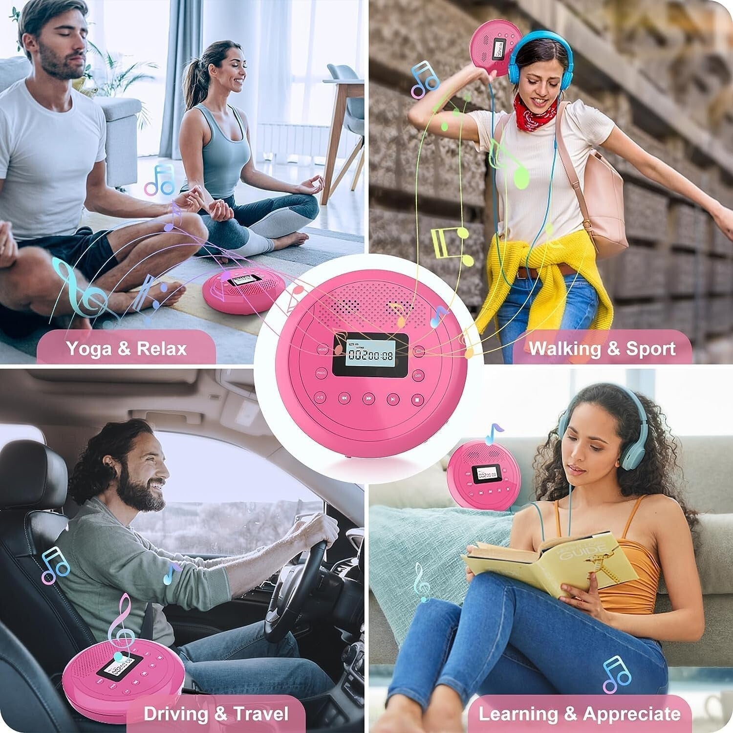 Travel-Friendly Rose Red CD Player with Headphones - Anti-Skip & TF Card Support